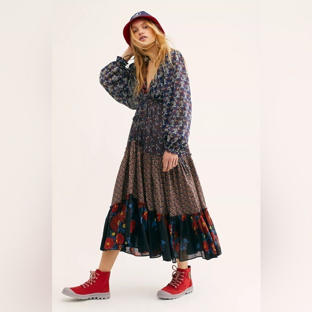 NEW FREE PEOPLE MIX IT UP MAXI TIERED MIXED PRINT MAXI DRESS